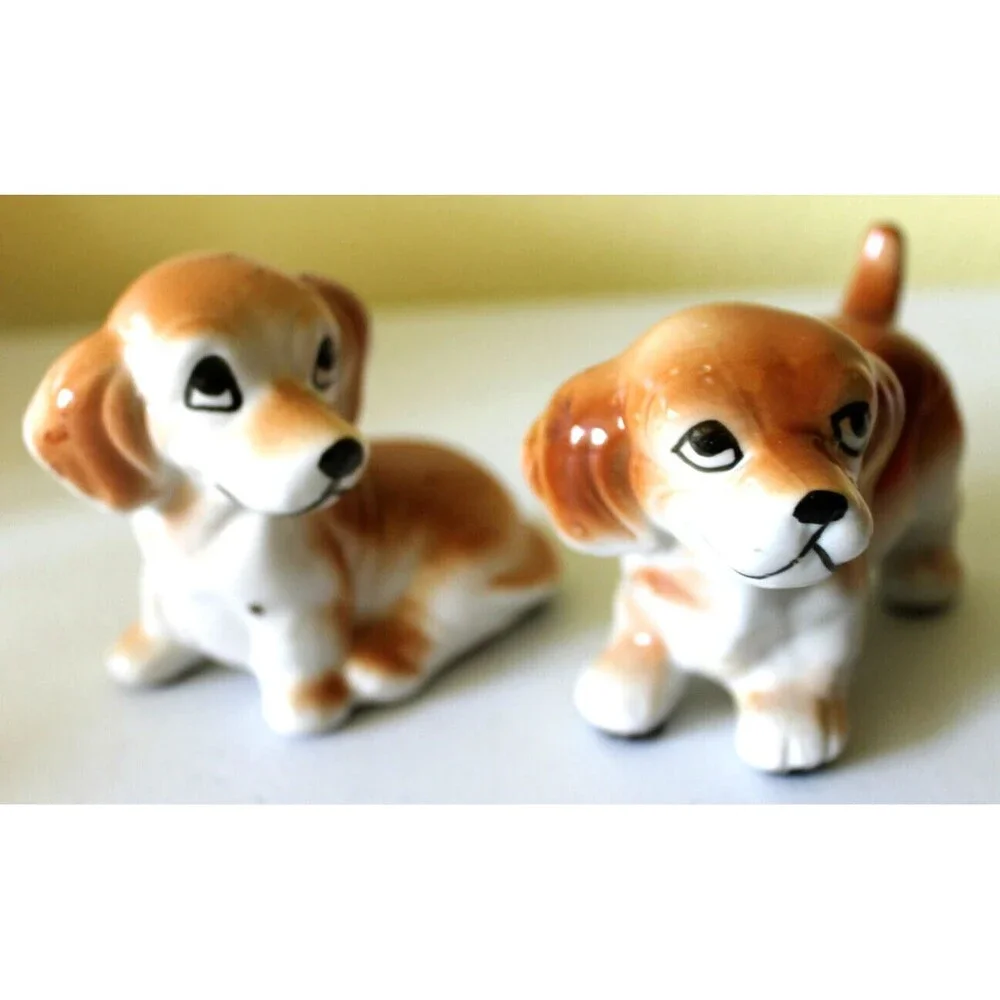 VTG Porcelain Docile Puppy Dog Pair Figurine White & Tan Mini 2.5